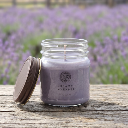 Purple Lavender Candle with Brown lid in a Mason Jar
