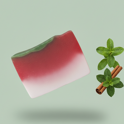Red soap bar with green top on a light green background, accompanied by mint leaves and a cinnamon stick.