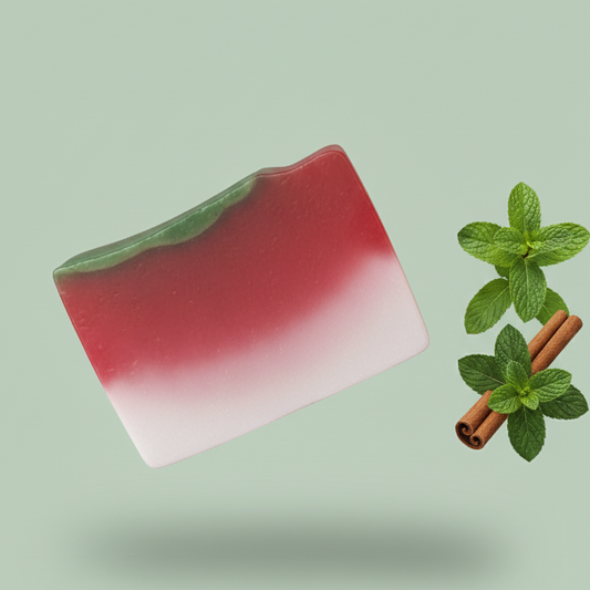 Red soap bar with green top on a light green background, accompanied by mint leaves and a cinnamon stick.