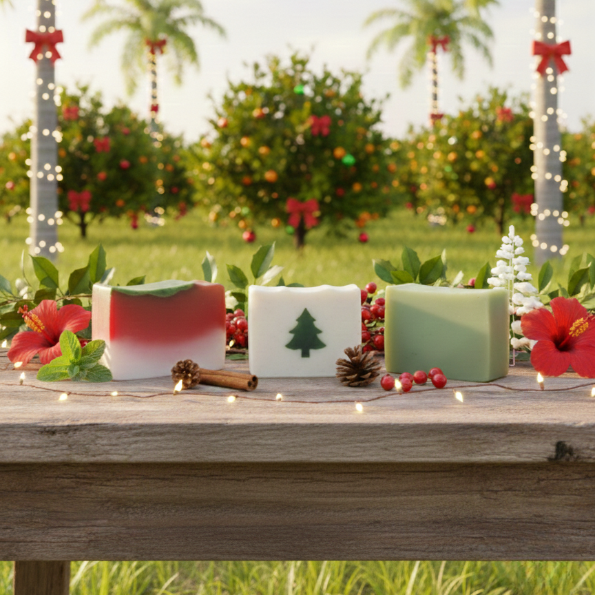 Decorative table setting with candles and ornaments against a palm tree and fruit orchard background.