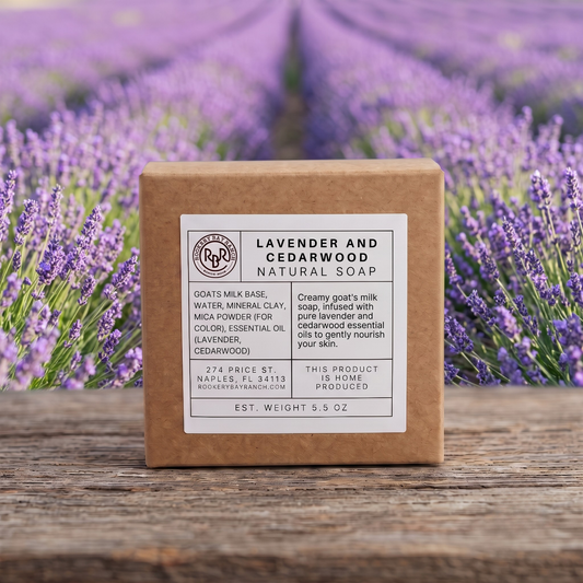 Purple lavender and cedarwood soap in a brown box with white label