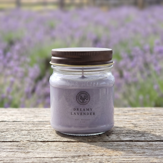 Purple Lavender Candle with Brown Lid in a Mason Jar