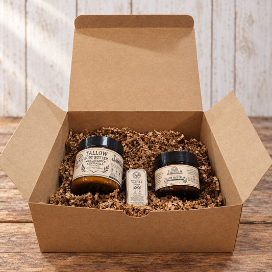 Tallow Trio Gift Box: Lavender & Vanilla tallow face cream, whipped body butter and lip balm in a kraft gift box
