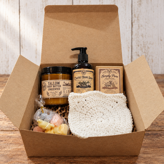 Baby Gift Box: unscented goat's milk soap, tallow body butter and castile hand soap in a kraft gift box