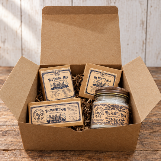 The Perfect Man Gift Box: soy candle, goat's milk soap, shampoo and conditioner in a kraft gift box