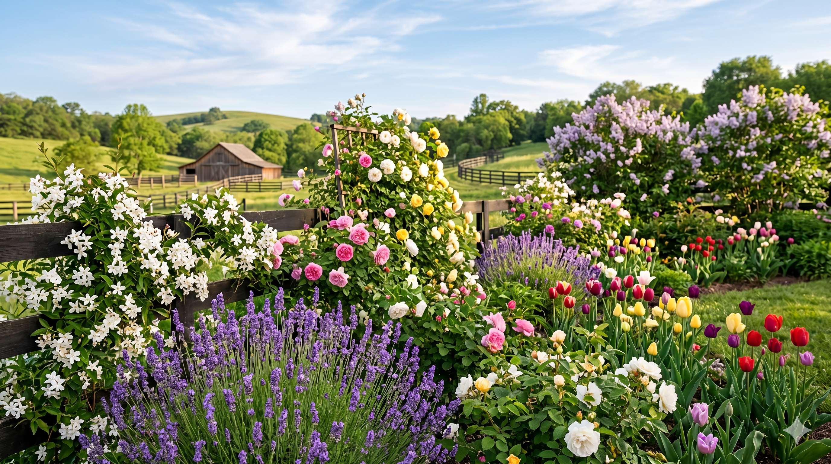 Colorful flower garden with a wooden fence and a barn in the background.