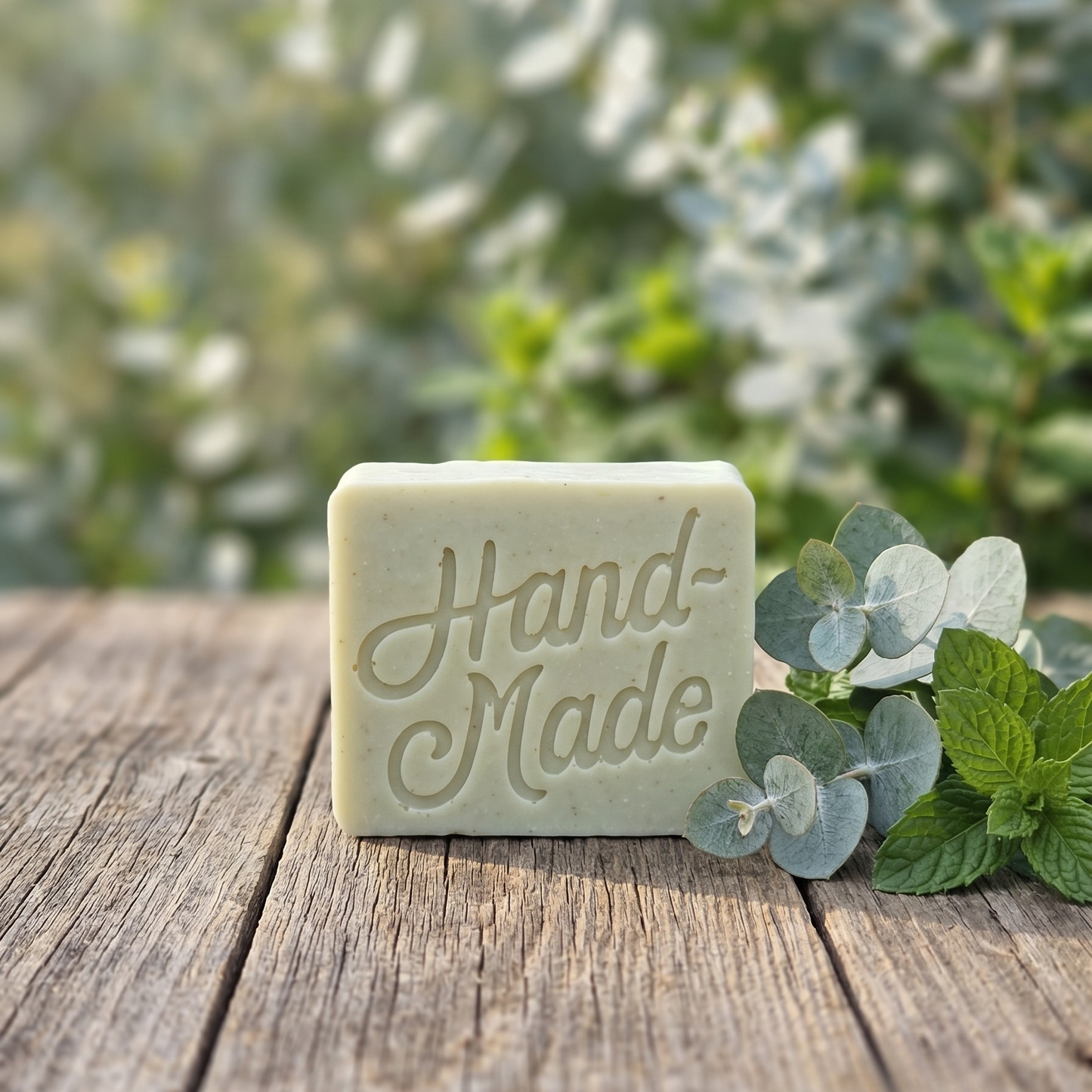 Handmade soap bar on a wooden surface with greenery in the background