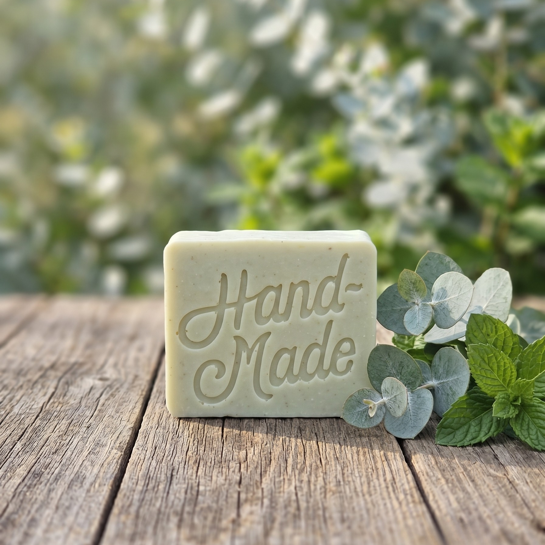 Handmade soap bar on a wooden surface with greenery in the background