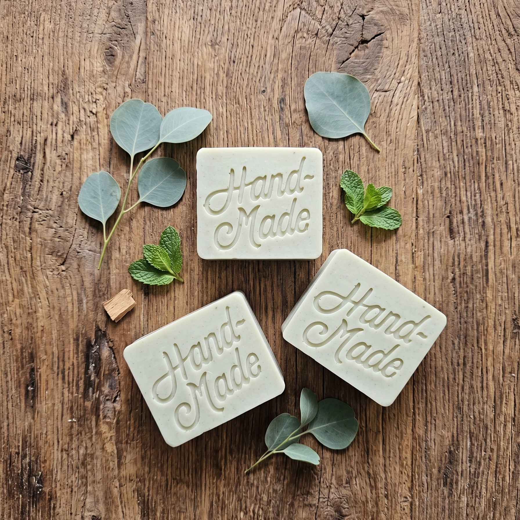 Three hand-made soap bars on a wooden surface with eucalyptus leaves.