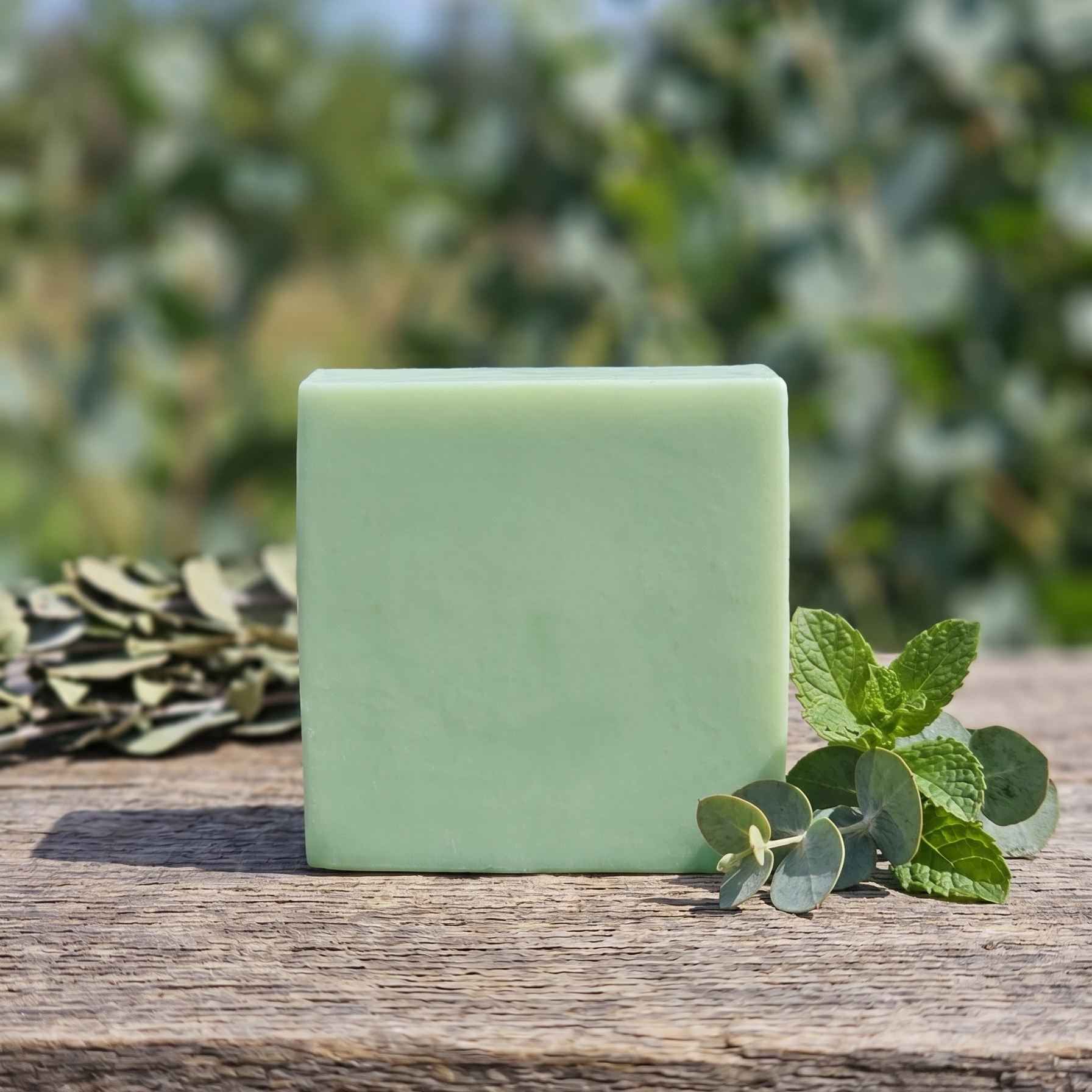 Green bar of soap on a wooden surface with greenery in the background