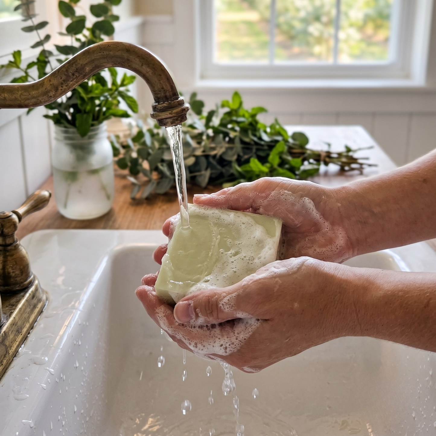 Person washing a bar of soap under running water in a kitchen sink with plants and a window in the background.