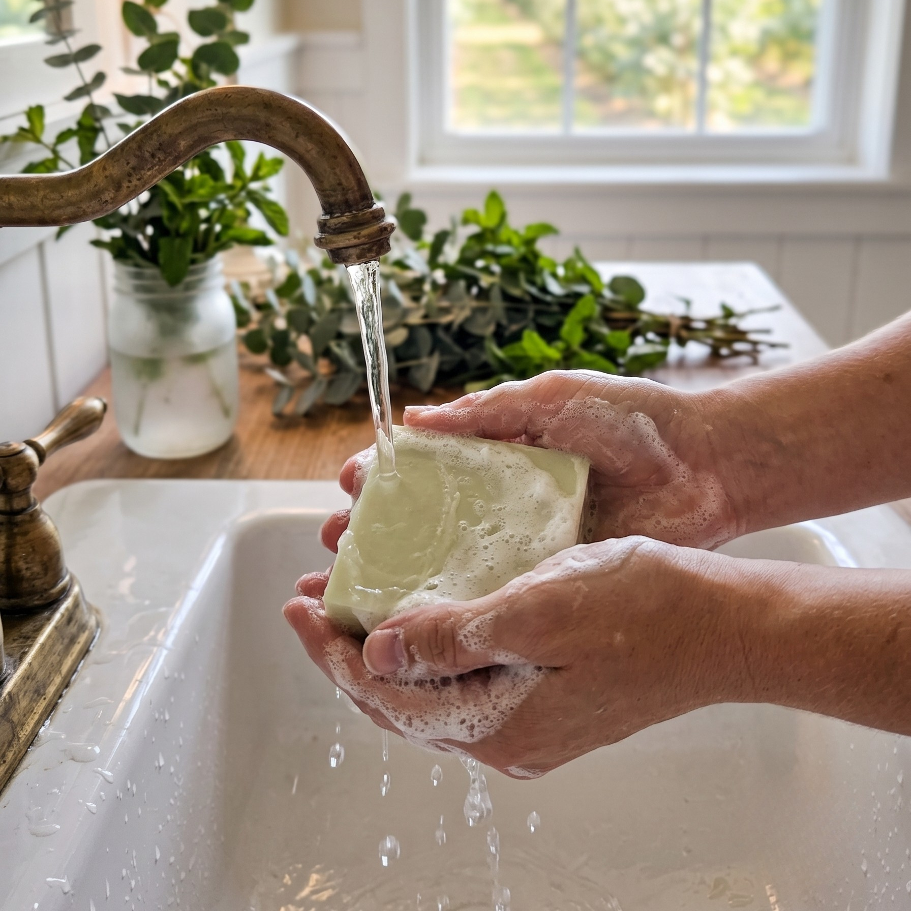 Person washing a bar of soap under running water in a kitchen sink with plants and a window in the background.