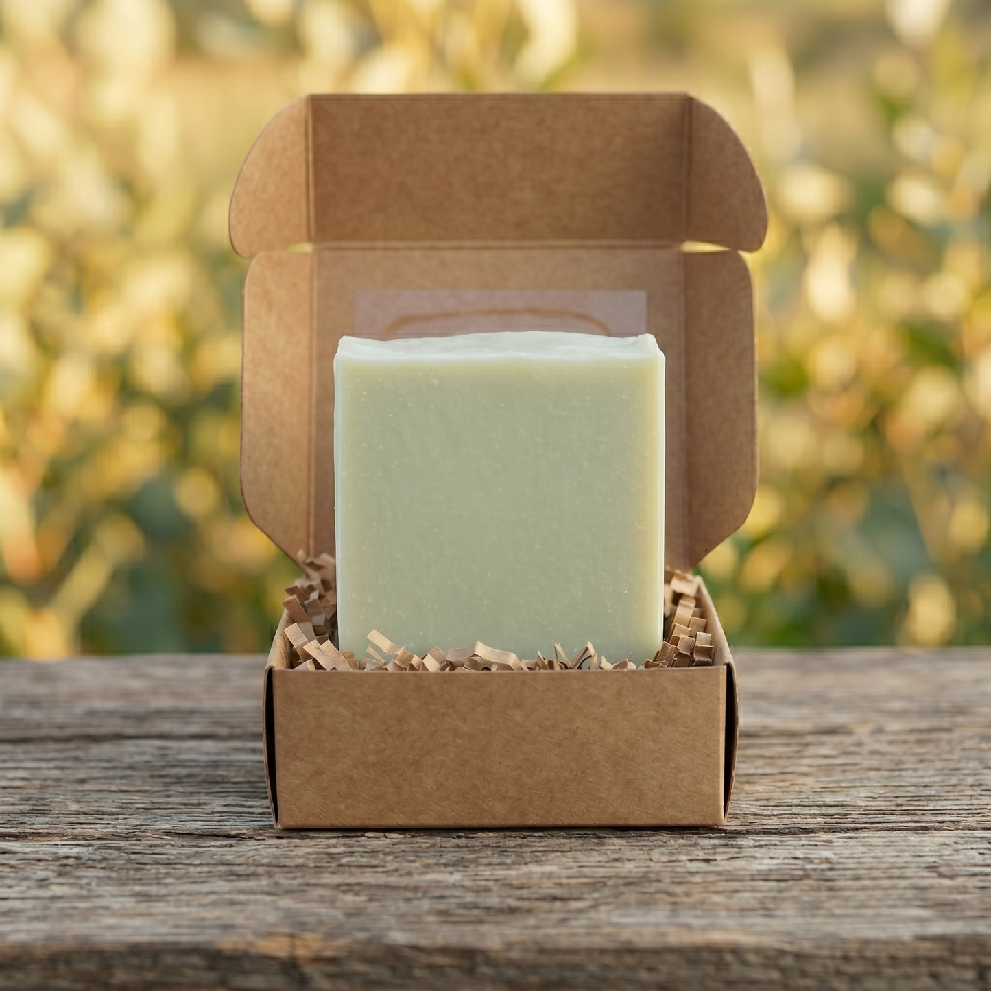 Bar of soap in a cardboard box on a wooden surface with a blurred natural background
