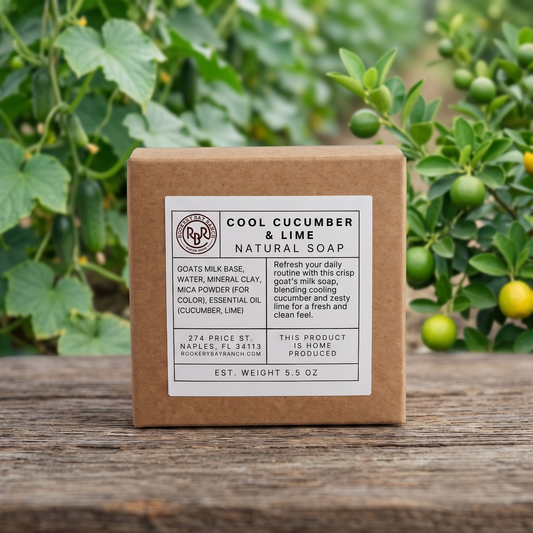 Green cucumber and lime goats milk soap label on a brown box