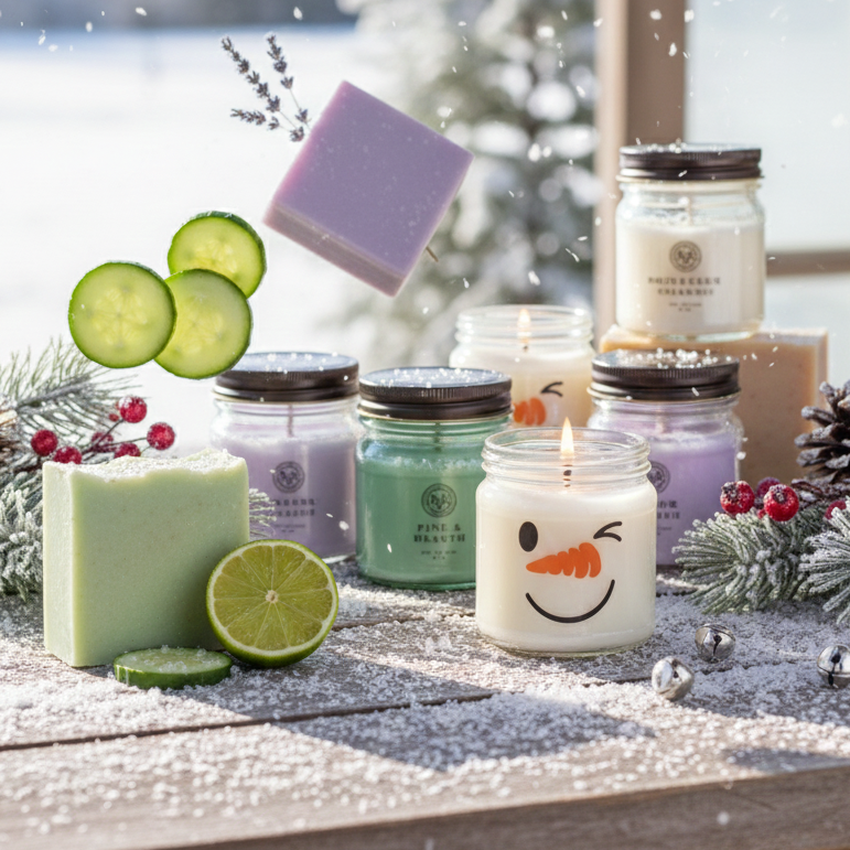Assorted candles and soaps on a snowy surface with a scenic background